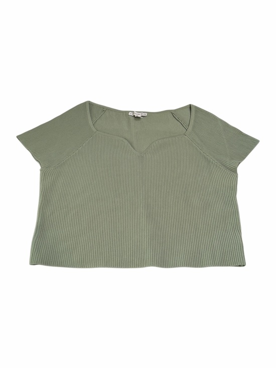And Now This Tops - Ribbed Notch-V Short Sleeve Top in Sage Green